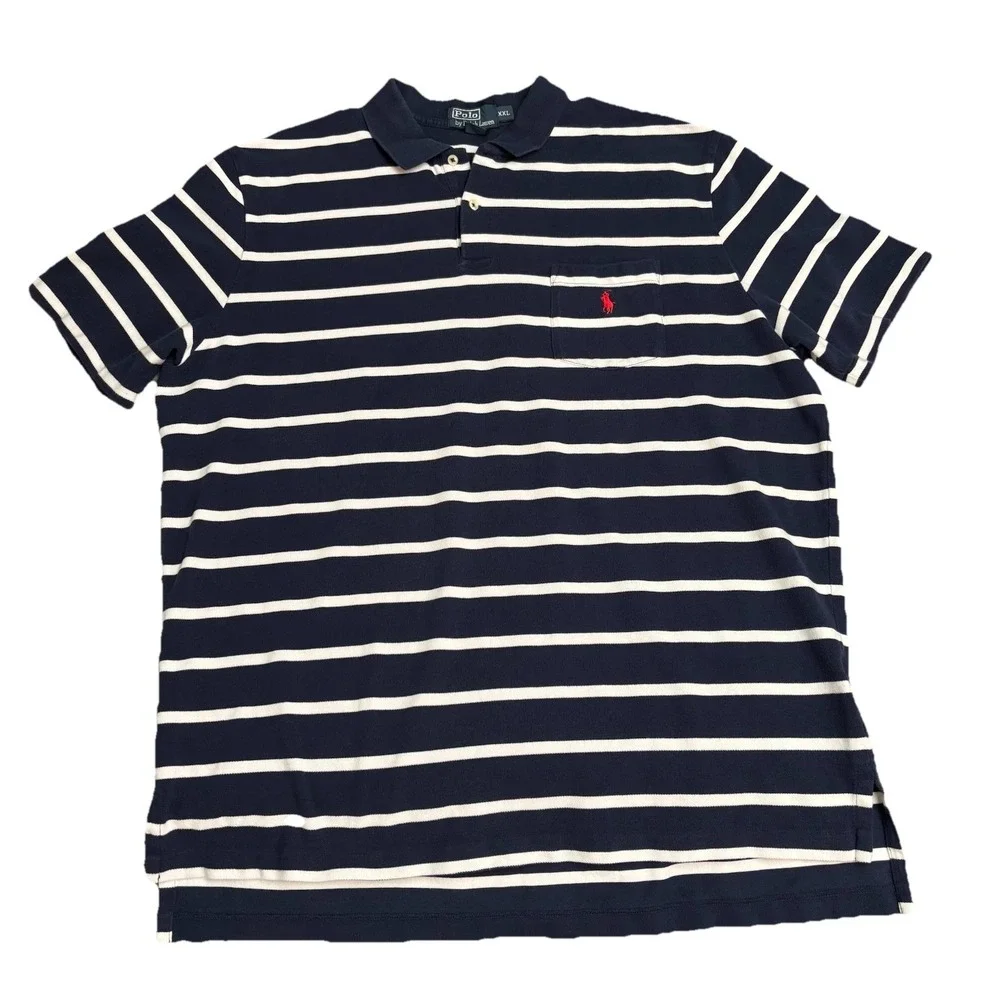 Polo Ralph Lauren Men's‎ XXL Navy/White Striped Polo Shirt 100% Cotton Red Pony